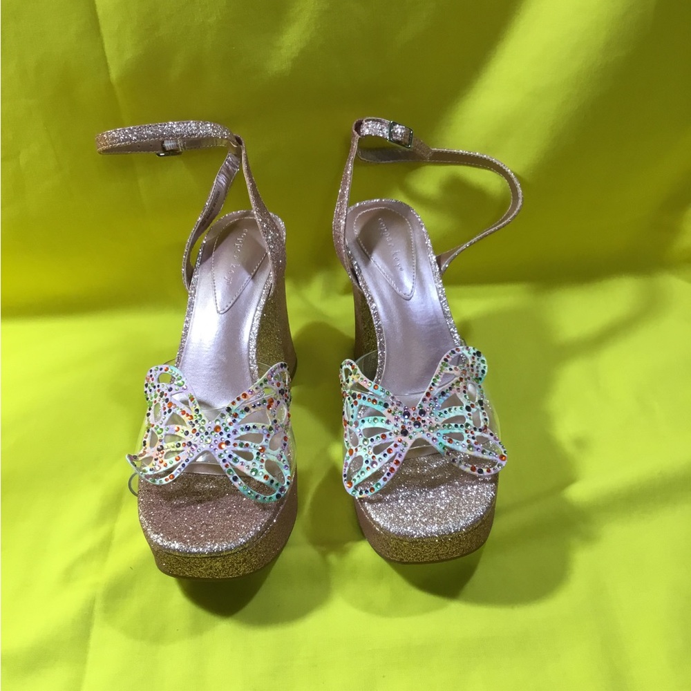 Copper Key Gold Glitter Platform Sandals with Butterfly Detail SZ 8